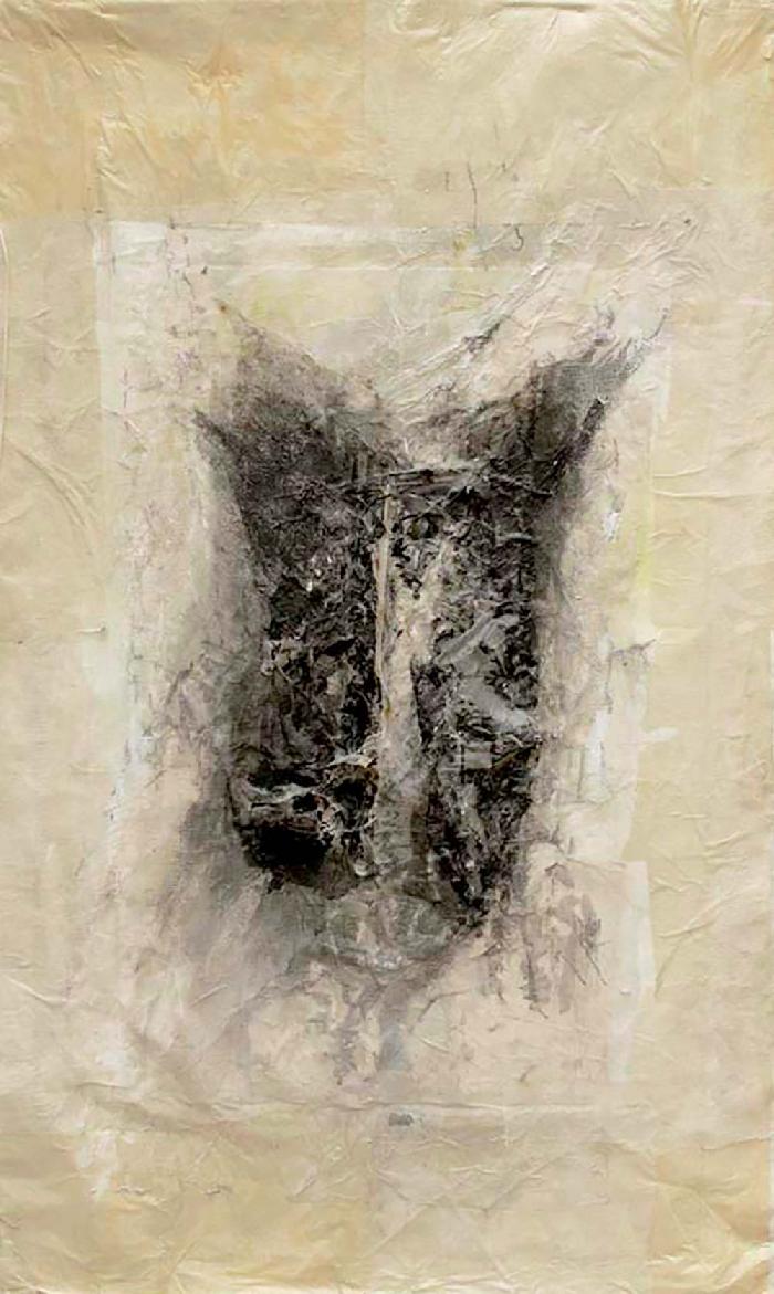 Petit tombant en relief, - Small fallen embossed,  2002, India and printing ink, Japan paper, Lanaquarelle, on fabric mounted on canvas, 108x80cm. 